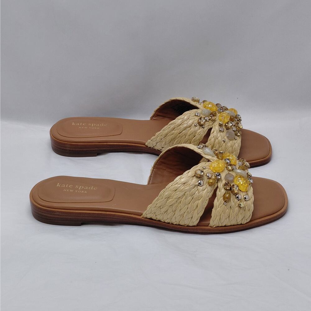 Kate Spade Womens Slide Sandals 9 Natural Raffia Crystal Beaded Boho Luxury Shoe